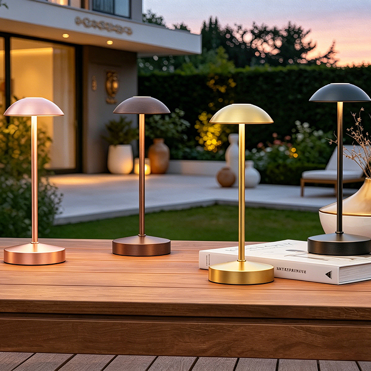 Starvox cordless table lamps in copper, bronze, gold and black on an outdoor hotel patio table at dusk
