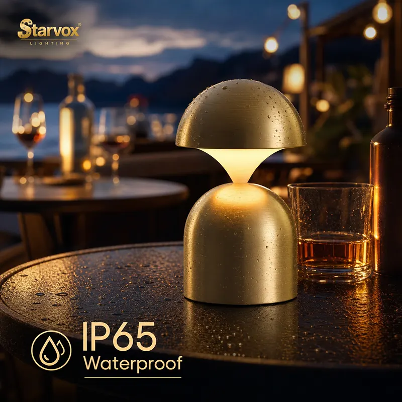 portable table lamp with compact mushroom design for restaurant patios
