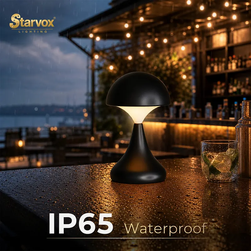 portable table lamp with compact mushroom design for restaurant patios
