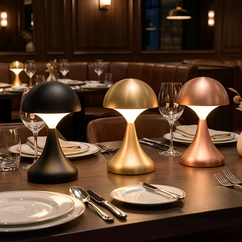 restaurant patio lighting ideas - Mushroom Series cordless table lamp on an outdoor dining table