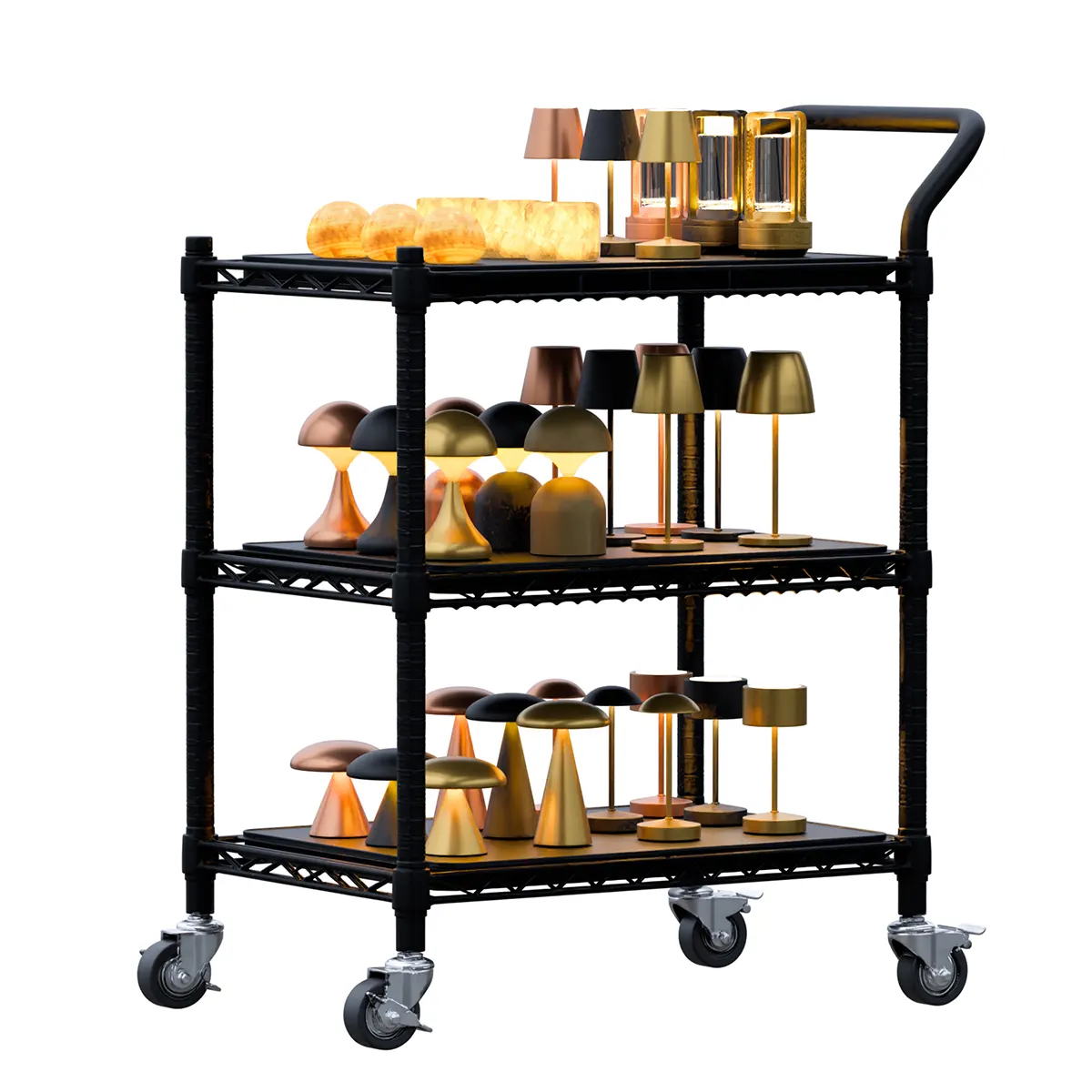 Cordless vs wired table lamps comparison: charging trolley holding commercial cordless fleet