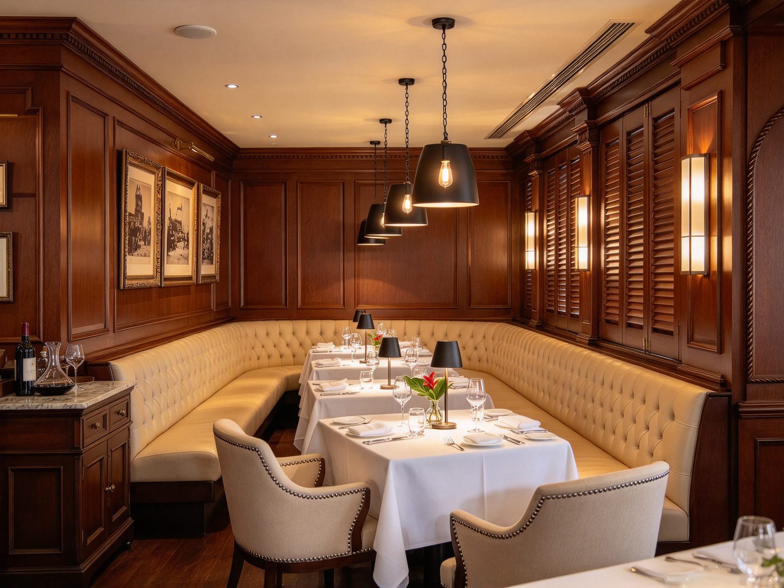 Restaurant ambient lighting with warm cordless rechargeable lamps along a banquettes dining room